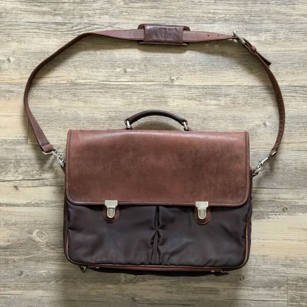 Vintage Coach Brown Classic Leather Nylon Briefcase Messenger Bag 5113